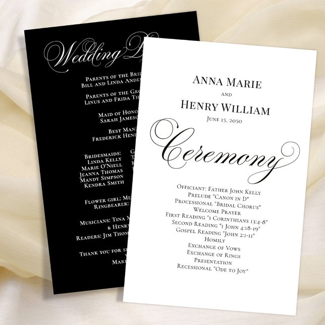 Bröllop Calligraphy Script Black and White (Elegant calligraphy script classic wedding ceremony church program. )