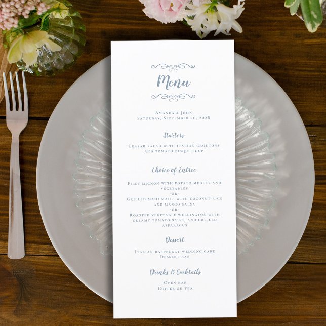 Bröllop Calligraphy Trendig Dusty Blue Dinner Part Meny (Wedding Calligraphy Trendy Dusty Blue Dinner Party Menu)