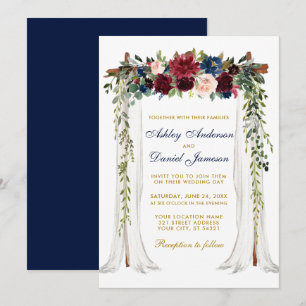 Bröllop Canopy Watercolor Blommigt Arch Blue Guld Inbjudningar