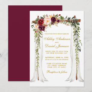 Bröllop Canopy Watercolor Blommigt Guld Burgundy Inbjudningar