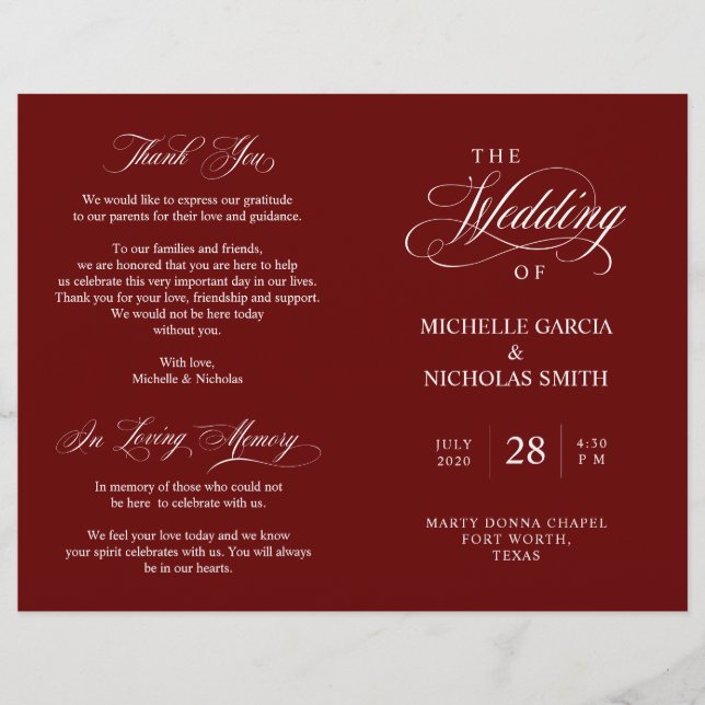 Bröllop Ceremony Program Classic Elegance Burgundy (Framsida)