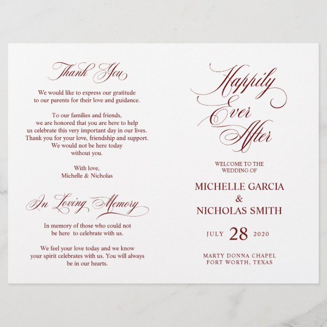 Bröllop Ceremony Program Classic Elegance Burgundy (Framsida)