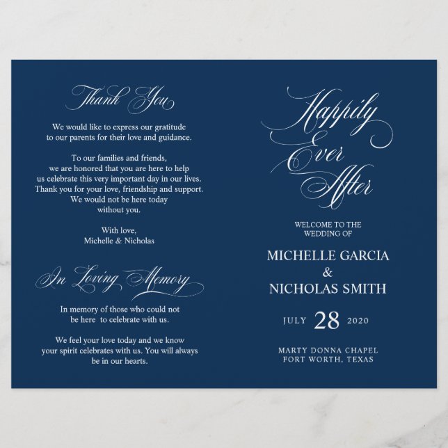 Bröllop Ceremony Program Classic Elegance Navy (Framsida)