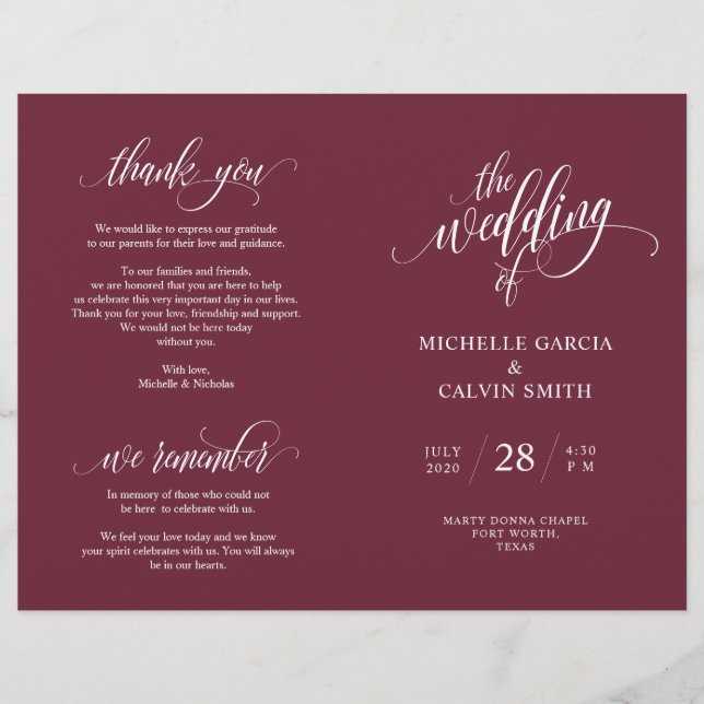 Bröllop Ceremony Program Elegance Script Burgundy (Framsida)