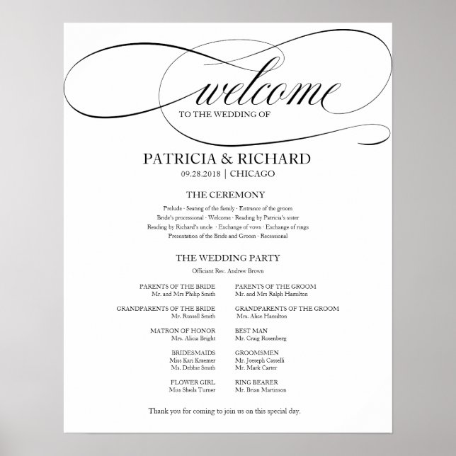 Bröllop Ceremony Program Elegant Black Script Poster (Framsidan)