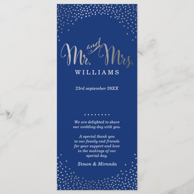 BRÖLLOP CEREMONY PROGRAM mini silver konetti marin (Framsida)