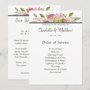 Bröllop Ceremony Program Watercolor Rosa ros