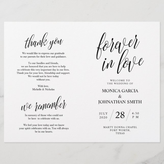 Bröllop Ceremony-programmet, Elegance Script Black (Framsida)