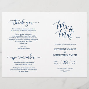 Bröllop Ceremony-programmet, Elegant Script Blue N