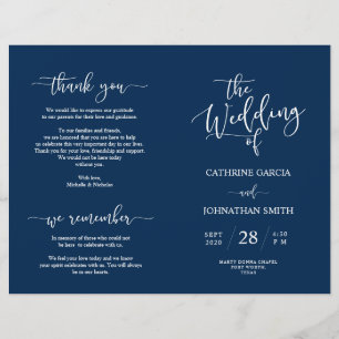 Bröllop Ceremony-programmet, Elegant Script Navy B
