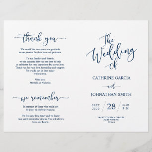 Bröllop Ceremony-programmet, Elegant Script Navy B