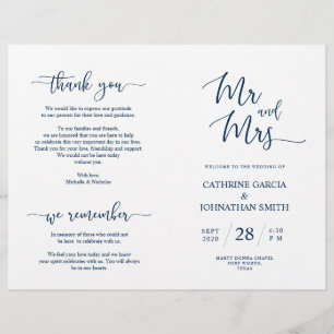 Bröllop Ceremony-programmet, Elegant Script Navy B
