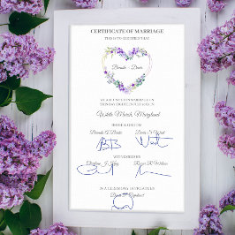 Bröllop Certificate Lila Watercolor Blommigt Heart Poster