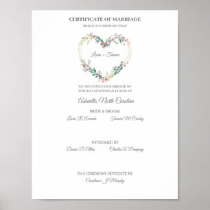 Bröllop Certificate Rosa Blommigt Heart Poster