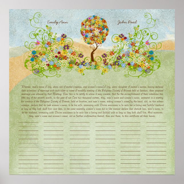 Bröllop-certifikat för snabbutskrift i Träd Poster (Framsidan)