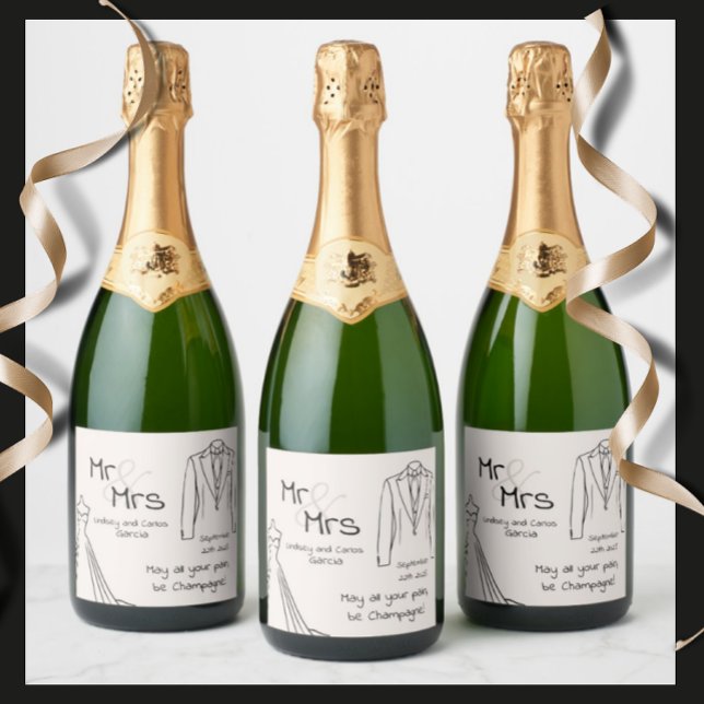 bröllop champagne flaska-etikett Mr. och Mrs. (Custom label for wedding, simple elegant design of a siluette dress and suit)