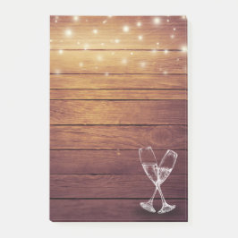 Bröllop Champagne Glass String Light Rustic Wood Post-it Block