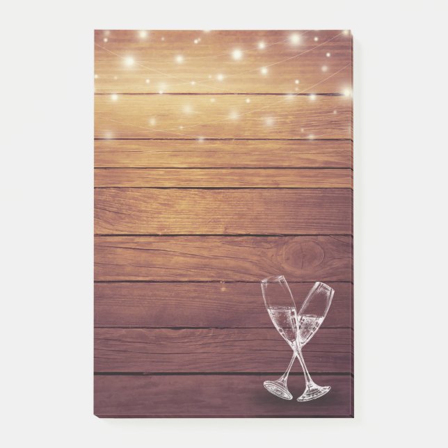 Bröllop Champagne Glass String Light Rustic Wood Post-it Block (Framsida)
