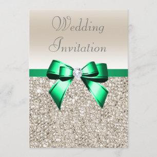 Bröllop Champagne Sequins Shamrock Grönt Bow Inbjudningar