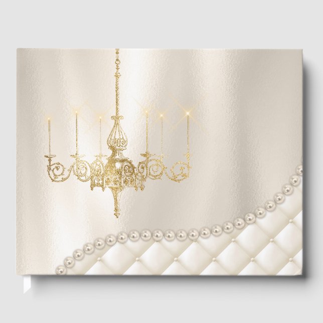 Bröllop Chandelier Lighting Ivory Pearl Guest Bok (Framsida)