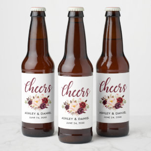 Bröllop Cheers för Blommigten Burgundy Ölflaska Etikett