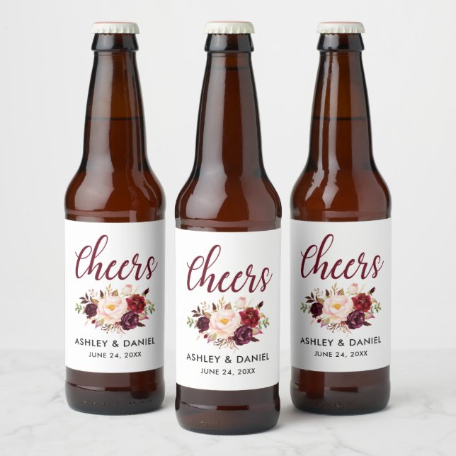 Bröllop Cheers för Blommigten Burgundy Ölflaska Etikett (Flaskor)