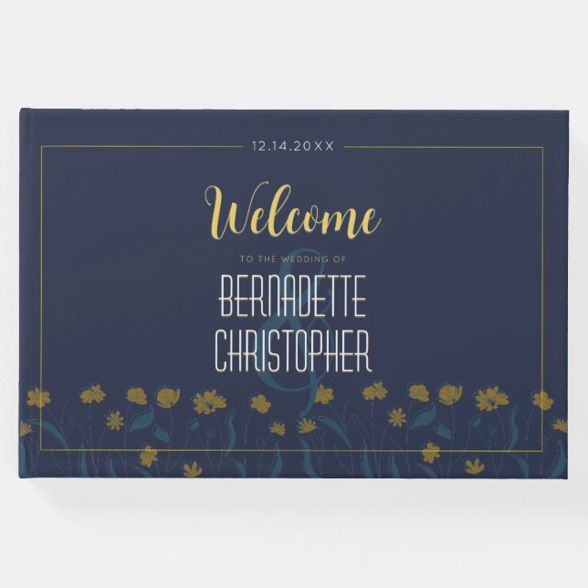 Bröllop Chic Modern Elegant Enkel blå Gult Gästböcker (Framsida)