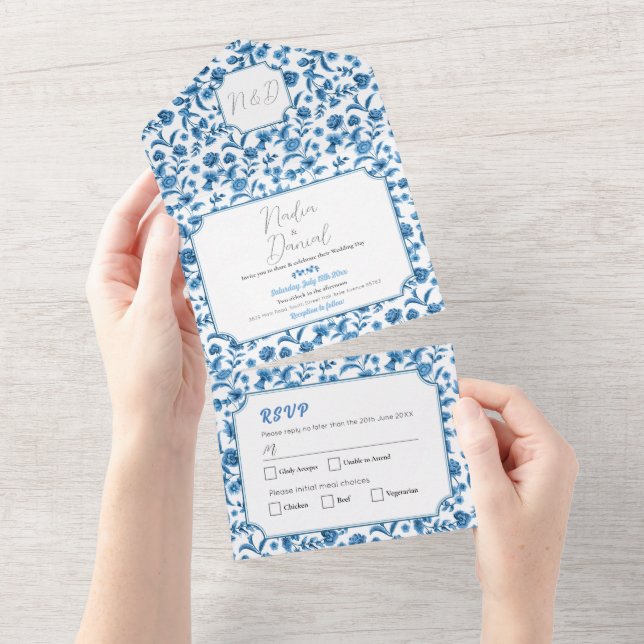 Bröllop Chintz Blue & White Blommigt Inbjudan & OS (Avrivbar del)
