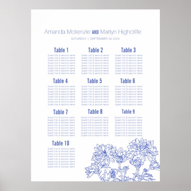 Bröllop chrysanthemum blue dragen art bord plan poster (Framsidan)