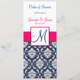Bröllop Church Program Shock rosa Navy Blue Damask