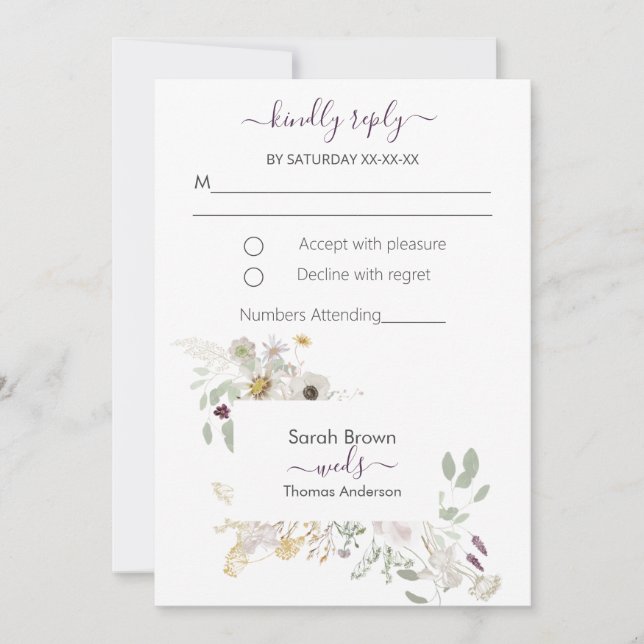 Bröllop COLORFUL WILDFLOWER GULT OCH LILA Inbjudningar (Framsida)