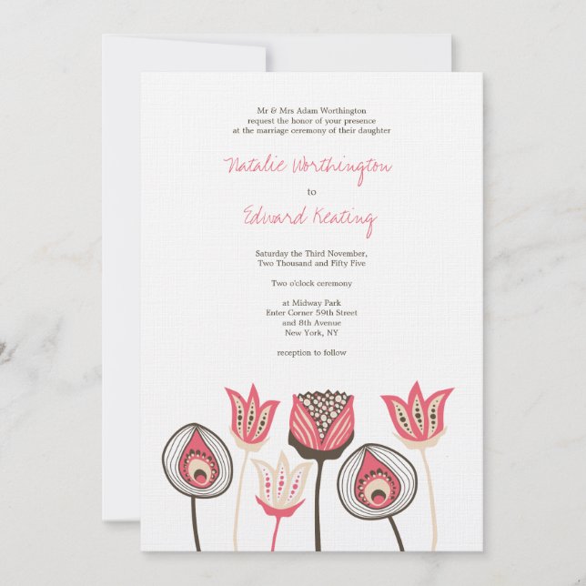 Bröllop Coral Chocolate Ivory Funky Flowers Inbjudningar (Framsida)