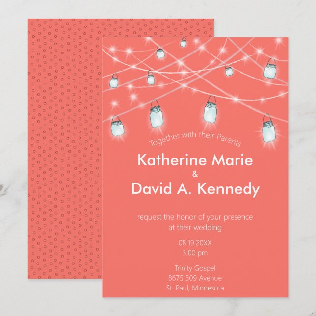 Bröllop Coral Mason Burk String Light valfritt Fär Inbjudningar (Fram/baksida)