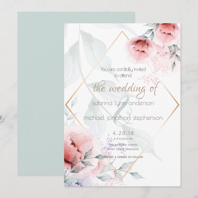 Bröllop | Coral och Lilac Aquarelle Peonies Inbjudningar (Fram/baksida)