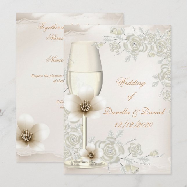 Bröllop Cream Sepia Champagne Glass Flowers Inbjudningar (Fram/baksida)