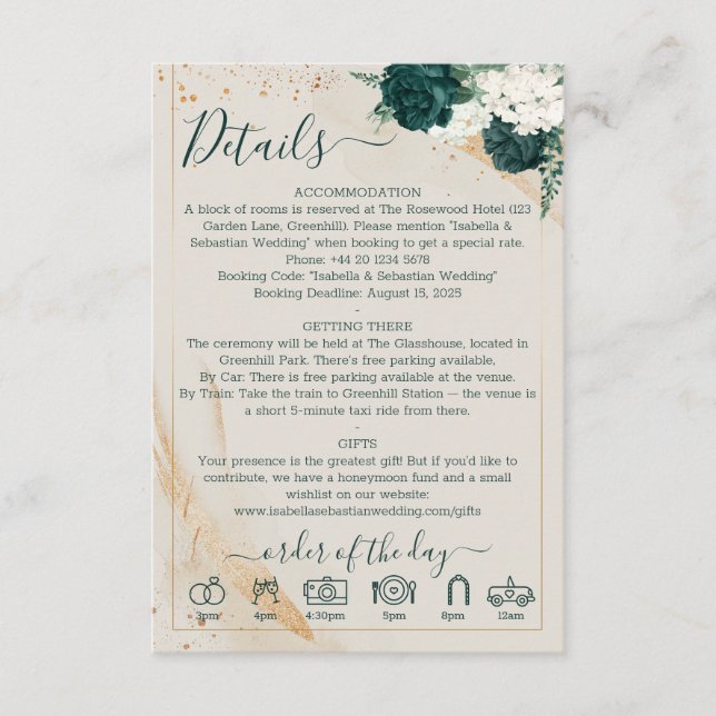 Bröllop Crème Detaljer Smaragdgrön Ros Blommig Tilläggskort (Framsida)