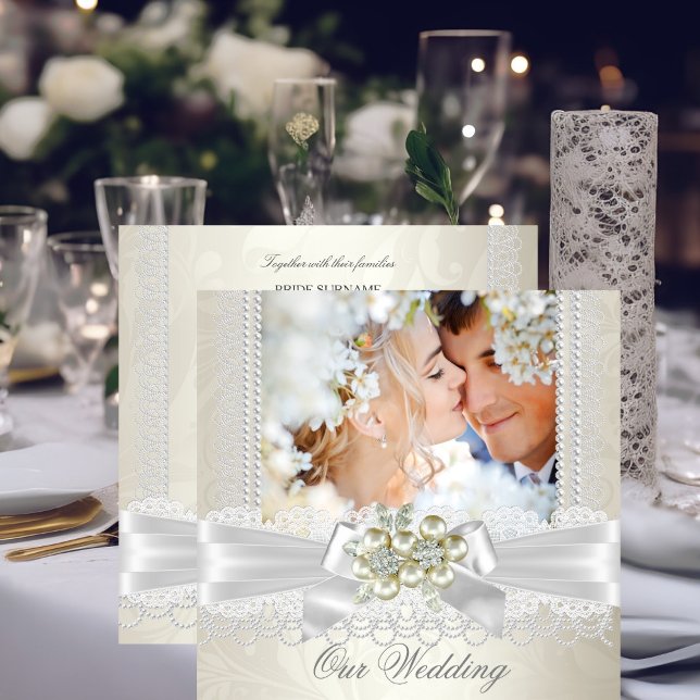 Bröllop Crème Vit Pärlspets Damast Diamant Bild Inbjudningar (Skapare uppladdad)