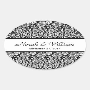 Bröllop Damask Black and White Blommigt Damask Ovalt Klistermärke