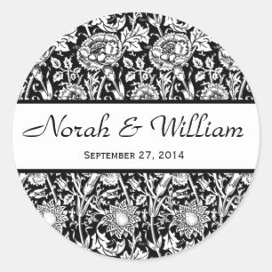 Bröllop Damask Black and White Blommigt Damask Runt Klistermärke
