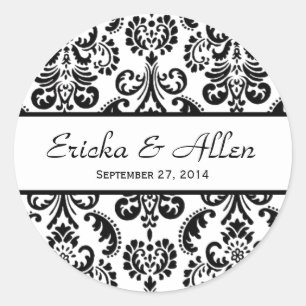 Bröllop Damask Black and White V01 Runt Klistermärke