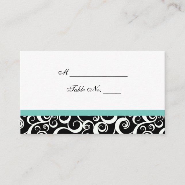 Bröllop Damask Swirls Bord-platskort i Aqua Placeringskort (Framsida)