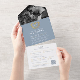 Bröllop dammig, blå, vit guld, monogram QR