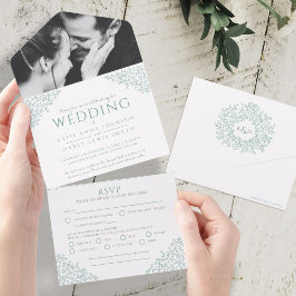 Bröllop dämpad grön vit blad foto måltid RSVP