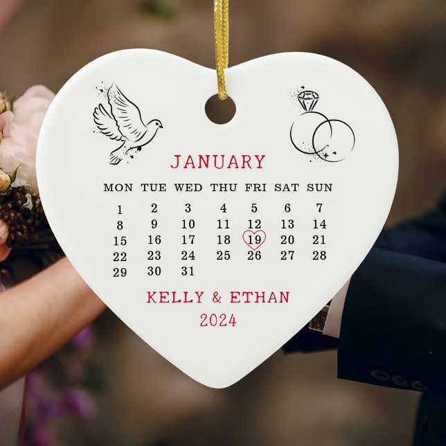 Bröllop Date Heart Calendar (hjärtkalender) Julgransprydnad Keramik (Skapare uppladdad)
