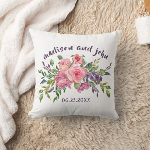 Bröllop Date Lavender and Rosa Blommigt Bouquet Kudde