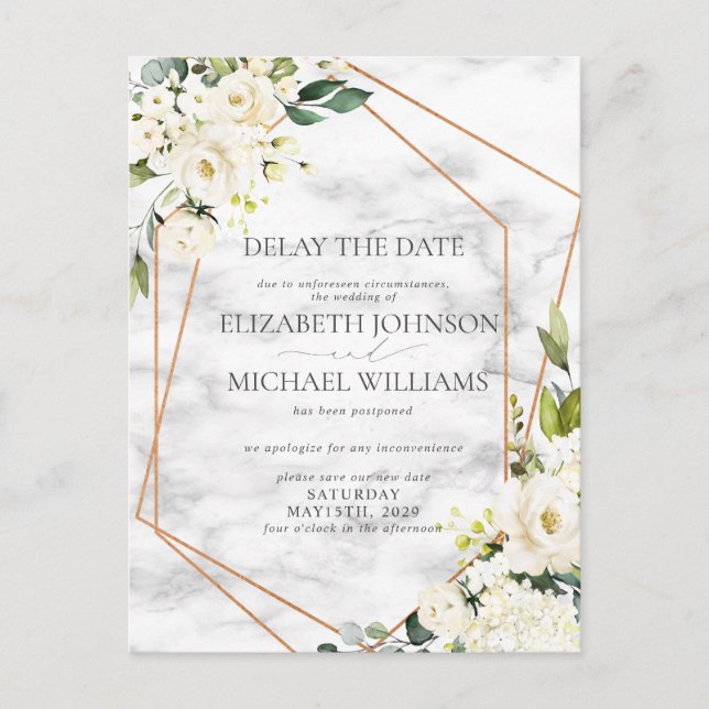 Bröllop Datum för uppskjutning av vit Blommigt Geo Meddelande Vykort (Framsida)