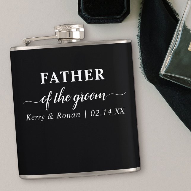 Bröllop Datum och Namn Black Far i Groom Fickplunta (Personalized gift for Father of the Groom)