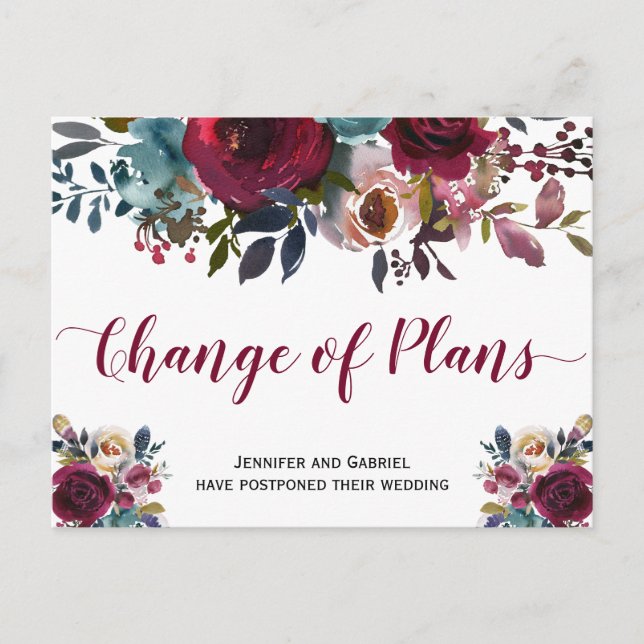 Bröllop-datum uppskjuten burgundisk marin Blommigt Meddelande Vykort (Framsida)