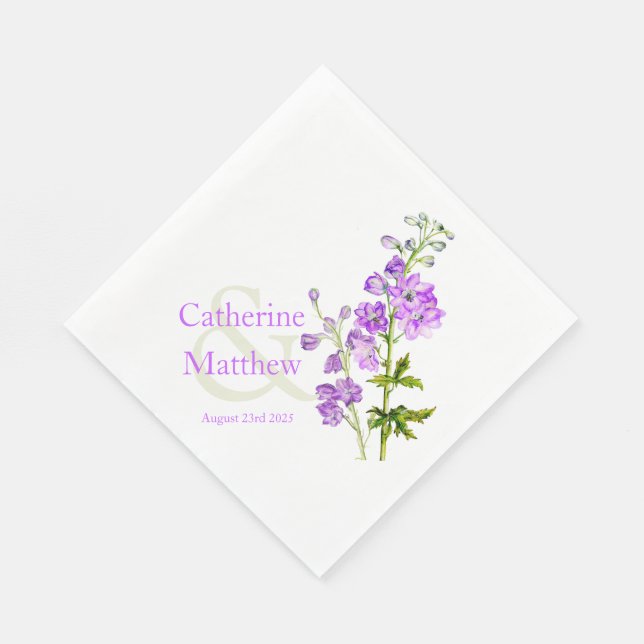 Bröllop delphinium lila vattenfärgen papper napkin pappersservett (Hörn)