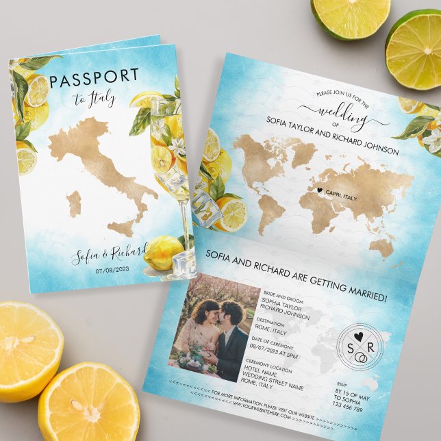 Bröllop destination Lemon Sommarpassets Italien Inbjudan (italy wedding passport)